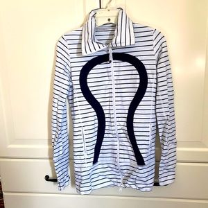 Lululemon navy blue and white, scuba neck but no hood full zip hoodie